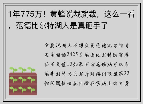 1年775万！黄蜂说裁就裁，这么一看，范德比尔特湖人是真砸手了
